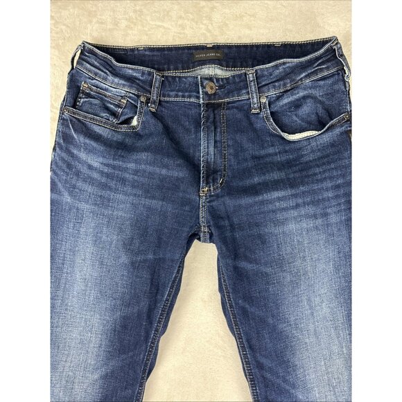 Silver Jeans Allan Mens 34x33 Blue Dark Wash Slim Straight Denim Comfort Stretch - Picture 2 of 11
